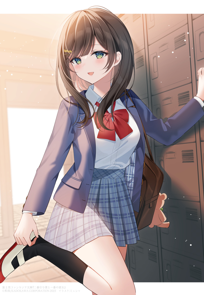 1girl :d bag black_socks blazer blue_jacket blush bow breasts brown_hair collared_shirt commentary_request commission dress_shirt getabako green_eyes grey_skirt highres houkago jacket long_hair looking_at_viewer medium_breasts myusha open_clothes open_jacket original plaid plaid_skirt pleated_skirt red_bow school_bag school_uniform shirt shoes skirt smile socks solo standing standing_on_one_leg uwabaki white_footwear white_shirt
