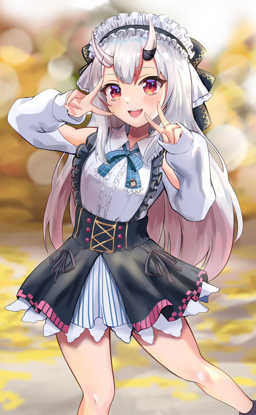 1girl black_dress blue_bow blush bow center_frills collared_shirt colored_inner_hair double_v dress frilled_shirt frills grey_hair highres hololive horns isazawa long_hair looking_at_viewer multicolored_hair nakiri_ayame nakiri_ayame_(3rd_costume) official_alternate_costume oni oni_horns red_eyes redhead shirt smile solo streaked_hair teeth upper_teeth_only v virtual_youtuber white_shirt