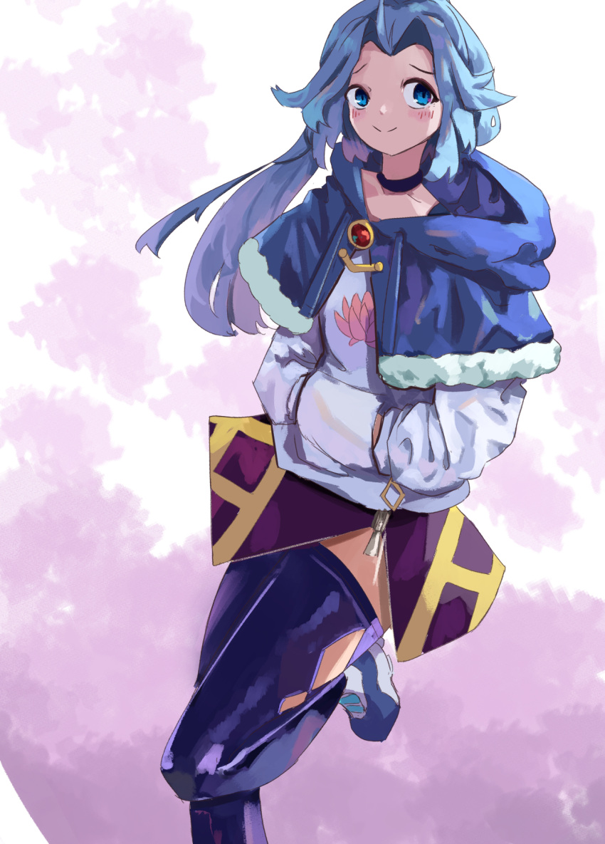 1girl adapted_costume black_thighhighs blue_capelet blue_hair capelet commentary english_commentary fur_trim highres hood hoodie kumoi_ichirin long_hair ponytail solo thigh-highs touhou vanilla_flan white_hoodie