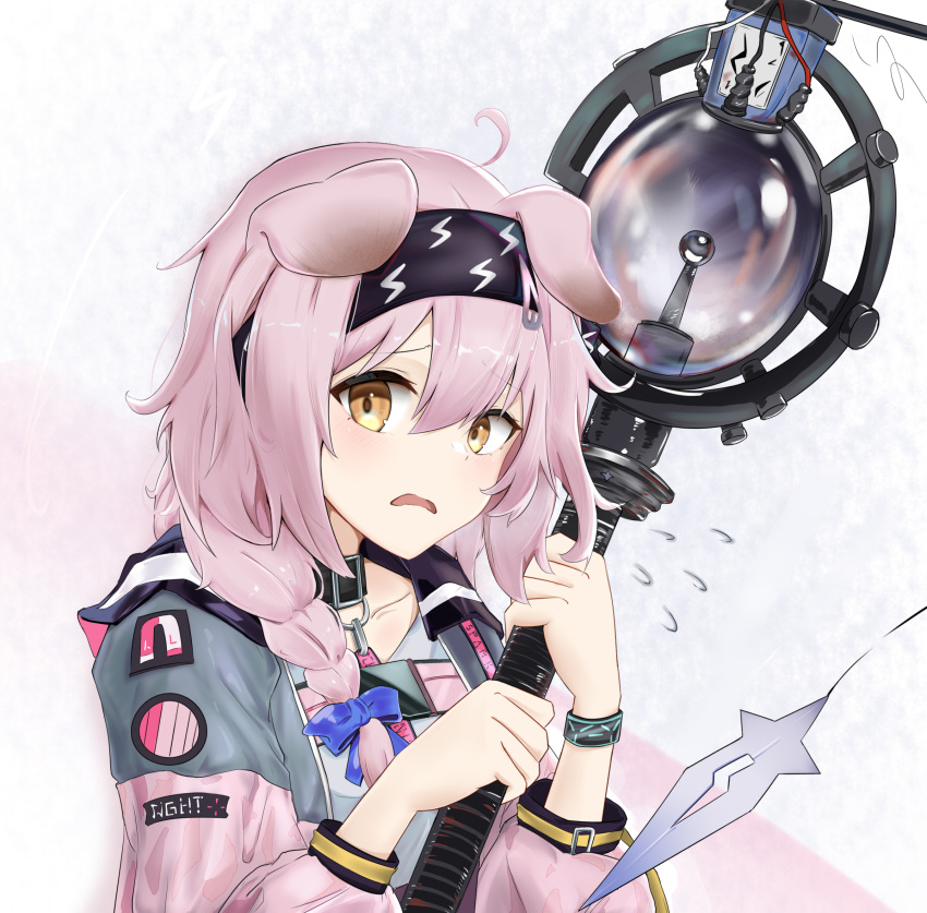 1girl animal_ears arknights blue_bow bow bracelet braid cat_ears cat_girl flying_sweatdrops goldenglow_(arknights) hair_bow headband highres holding holding_staff jacket jewelry lightning_bolt_print open_mouth pink_hair sarea_(sarea2020) solo staff upper_body wire yellow_eyes