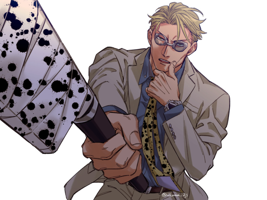 1boy animal_print belt brown_belt brown_eyes collared_shirt cowboy_shot goggles grey_jacket grey_pants grey_suit hand_on_own_chin holding holding_knife holding_weapon jacket jujutsu_kaisen kijinkutsu knife leopard_print long_sleeves looking_at_viewer male_focus nanami_kento necktie pants shirt solo suit teeth upper_teeth_only watch watch weapon white_background