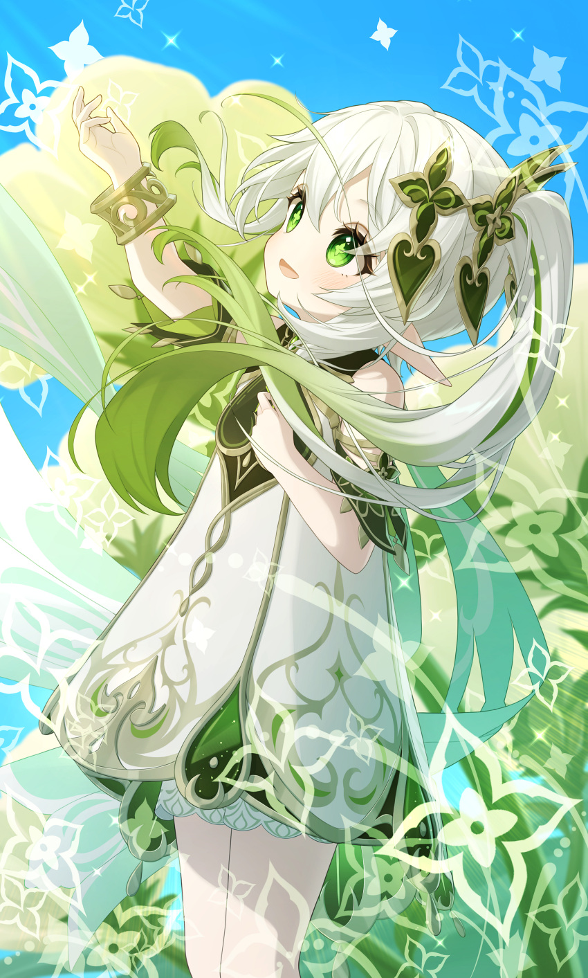 1girl absurdres arm_up blue_sky blush bracelet cape commentary_request cowboy_shot dress flower-shaped_pupils genshin_impact gradient_hair green_cape green_eyes green_hair hair_ornament hand_on_own_chest highres jewelry long_hair multicolored_hair nahida_(genshin_impact) neneko_sleep open_mouth pointy_ears side_ponytail sky sleeveless sleeveless_dress smile solo standing symbol-shaped_pupils white_dress white_hair