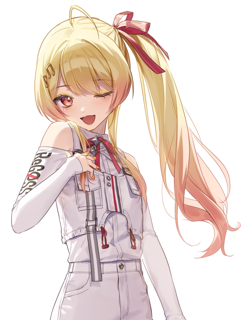 :d absurdres ahoge akabino blonde_hair cropped_legs hair_ornament hair_ribbon hand_on_own_chest highres hololive hololive_dev_is long_hair musical_note musical_note_hair_ornament off-shoulder_shirt off_shoulder one_eye_closed otonose_kanade pants pink_nails red_eyes red_ribbon ribbon shirt side_ponytail sidelocks smile swept_bangs vest white_background white_pants white_shirt white_vest
