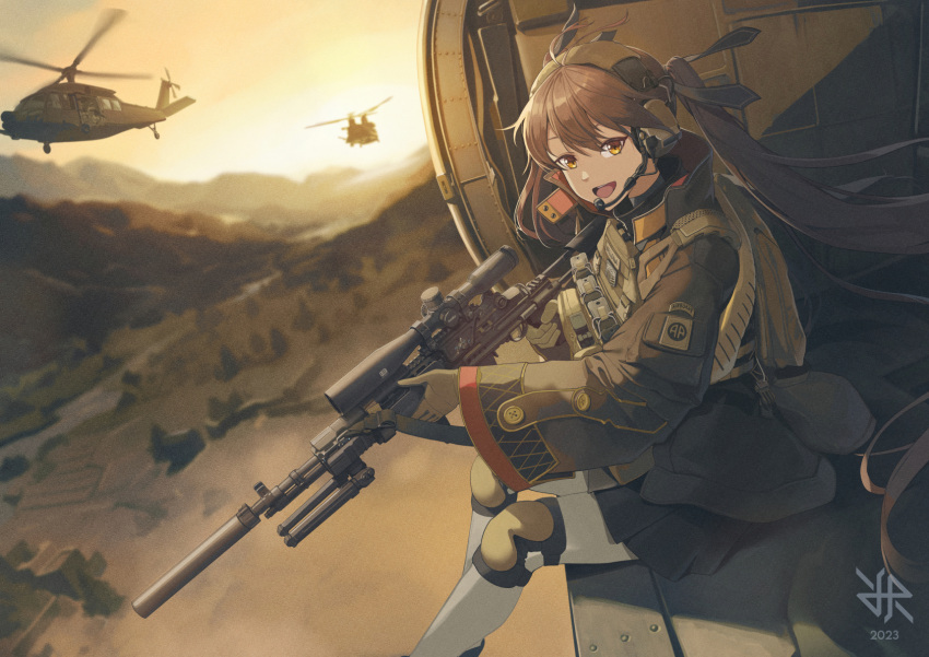 1girl 2023 aircraft battle_rifle black_jacket black_skirt brown_eyes brown_hair bulletproof_vest commentary commission english_commentary girls_frontline gloves gun headset helicopter highres hiroki_ree holding holding_gun holding_weapon jacket knee_pads long_hair long_sleeves looking_to_the_side m14 m14_(girls'_frontline) m14_(mod3)_(girls'_frontline) open_mouth pleated_skirt rifle scope skirt solo suppressor tactical_clothes twintails weapon wide_sleeves