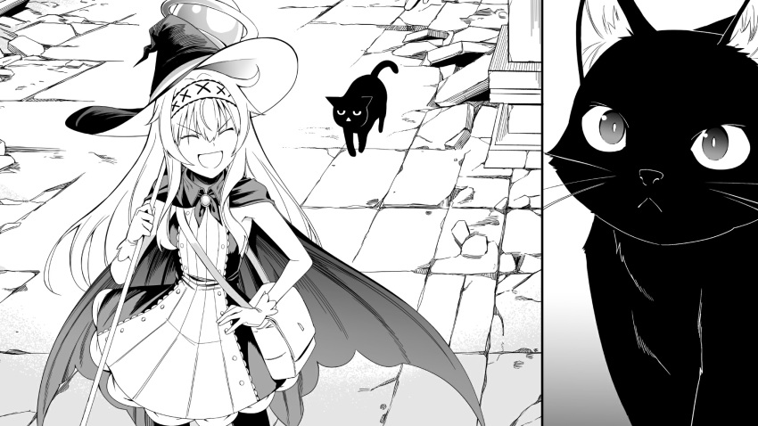 1girl animal_ears black_cat black_cat_(little_witch_nobeta) cape cat cat_ears closed_eyes closed_mouth comic dot_nose dress english_commentary flat_chest gloves greyscale hair_between_eyes hairband hat highres holding holding_staff holding_weapon hood little_witch_nobeta loli long_hair monochrome multiple_views nobeta non-web_source official_art open_mouth staff standing straight_hair tail thigh-highs weapon witch witch_hat