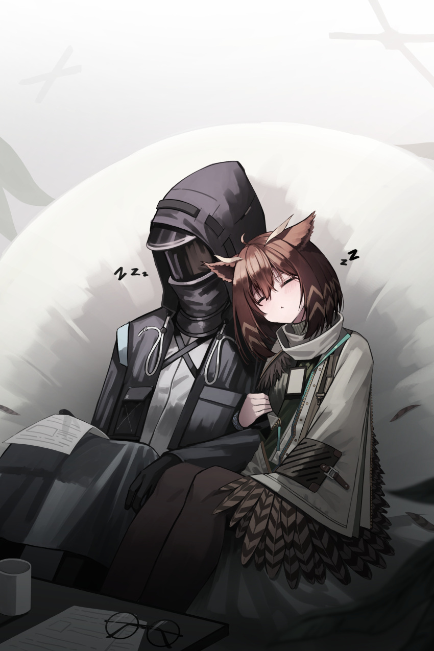 1girl 1other absurdres ambiguous_gender arknights black_pantyhose brown_hair closed_eyes cup doctor_(arknights) feather_hair highres jacket kimsuwan2013 leaning_on_person official_alternate_costume owl_ears owl_girl pantyhose paper silence_(arknights) silence_(frosted_breath)_(arknights) sleeping unworn_eyewear winged_arms wings zzz
