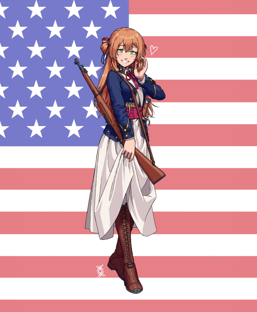 absurdres american_flag american_flag_background american_flag_print ammunition blue_shirt blush bolt_action boots breasts brown_footwear brown_hair clip_(weapon) clothes_lift collared_dress collared_shirt dress dress_lift english_commentary flag_print full_body girls_frontline green_eyes gun hair_between_eyes hair_ribbon hair_rings hand_in_own_hair hand_up heart highres hilt large_breasts long_hair long_sleeves looking_at_viewer m1903_springfield open_clothes open_mouth open_shirt ostwindprojekt red_ribbon ribbon rifle rifle_cartridge shirt sling_(weapon) smile springfield_(girls'_frontline) thigh_boots two_side_up weapon white_dress
