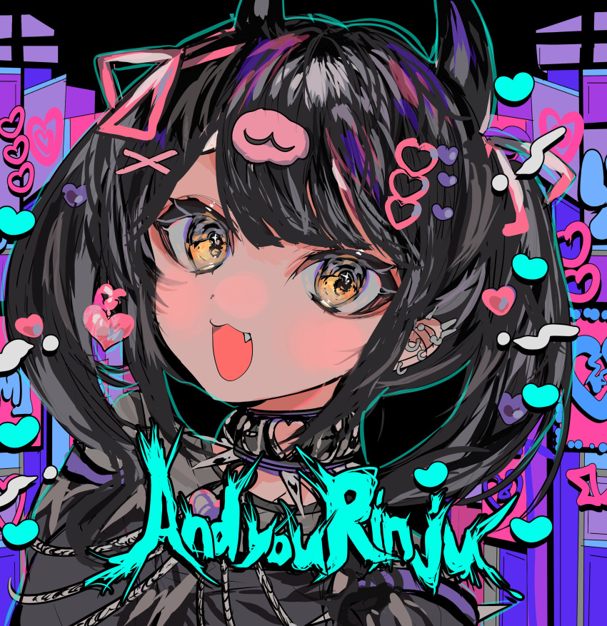 1girl :d absurdres black_collar black_hair black_horns blunt_bangs blush cevio collar commentary_request demon_horns denonbu ear_piercing earrings fang hair_ornament hair_ribbon heart heart_hair_ornament highres horns jewelry long_hair looking_at_viewer momae_makku official_art open_mouth piercing pink_ribbon reml ribbon smile solo song_name spiked_collar spikes twintails upper_body x_hair_ornament yellow_eyes