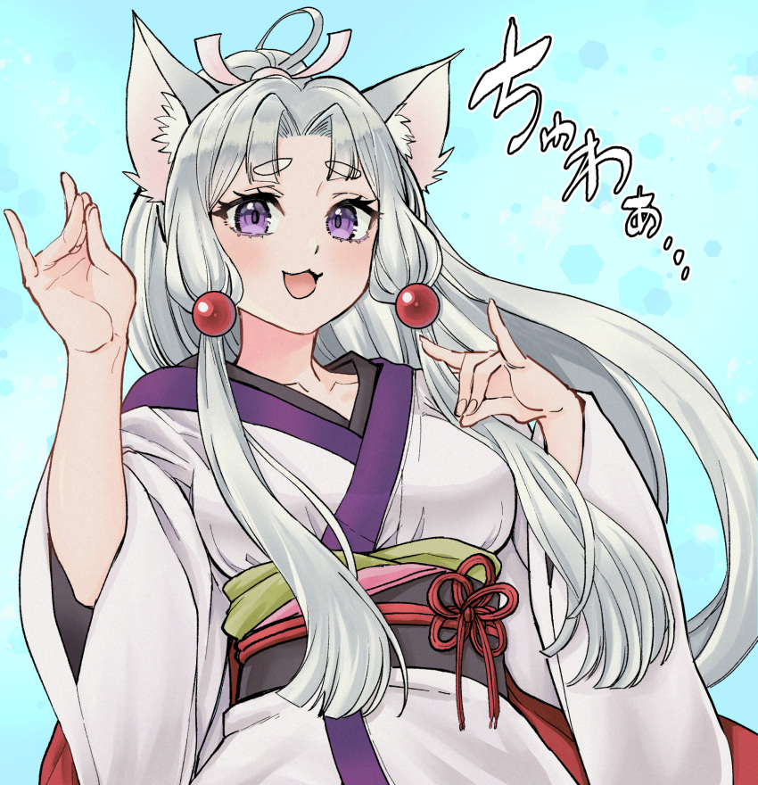 1girl :3 animal_ears blue_background blush breasts collarbone commentary_request curtained_hair double_fox_shadow_puppet floating_hair flower_knot fox_ears fox_girl fox_shadow_puppet grey_hair hair_ribbon hands_up high_ponytail highres japanese_clothes kimono large_breasts long_hair looking_at_viewer natsushiro obi obijime open_mouth pink_ribbon ribbon sash sidelocks smile solo thick_eyebrows touhoku_itako upper_body violet_eyes voiceroid white_kimono wide_sleeves