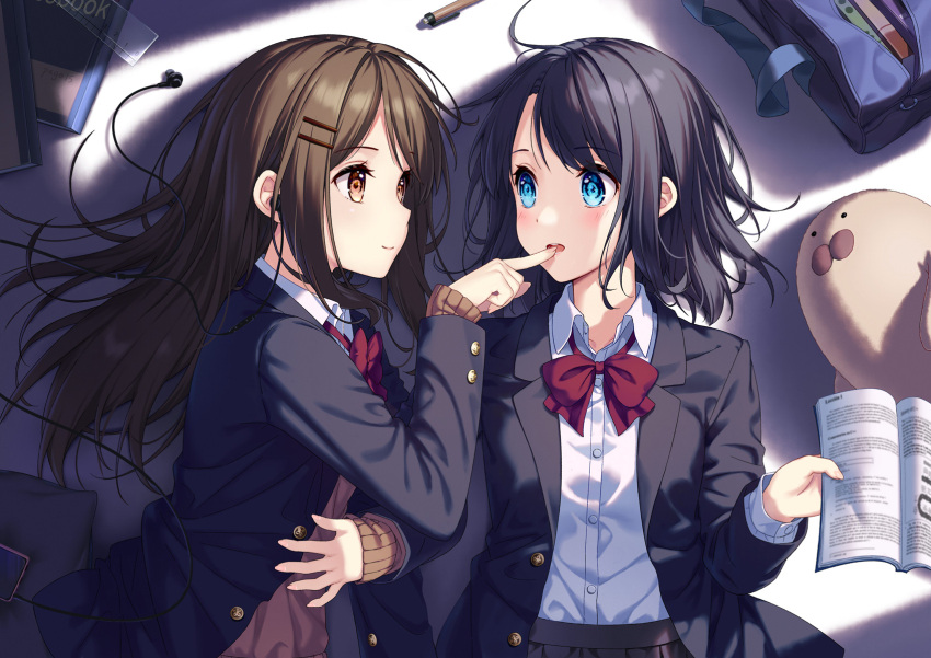 2girls adachi_sakura adachi_to_shimamura arm_grab aya223 bag black_hair black_jacket black_skirt blue_eyes bow bowtie brown_eyes brown_hair brown_sweater closed_mouth collared_shirt dress_shirt earphones finger_to_another's_mouth from_above hair_ornament hairclip highres jacket long_hair long_sleeves lying medium_hair multiple_girls on_back on_side open_clothes open_jacket open_mouth red_bow red_bowtie school_bag school_uniform shimamura_hougetsu shirt skirt sweater white_shirt wing_collar yuri