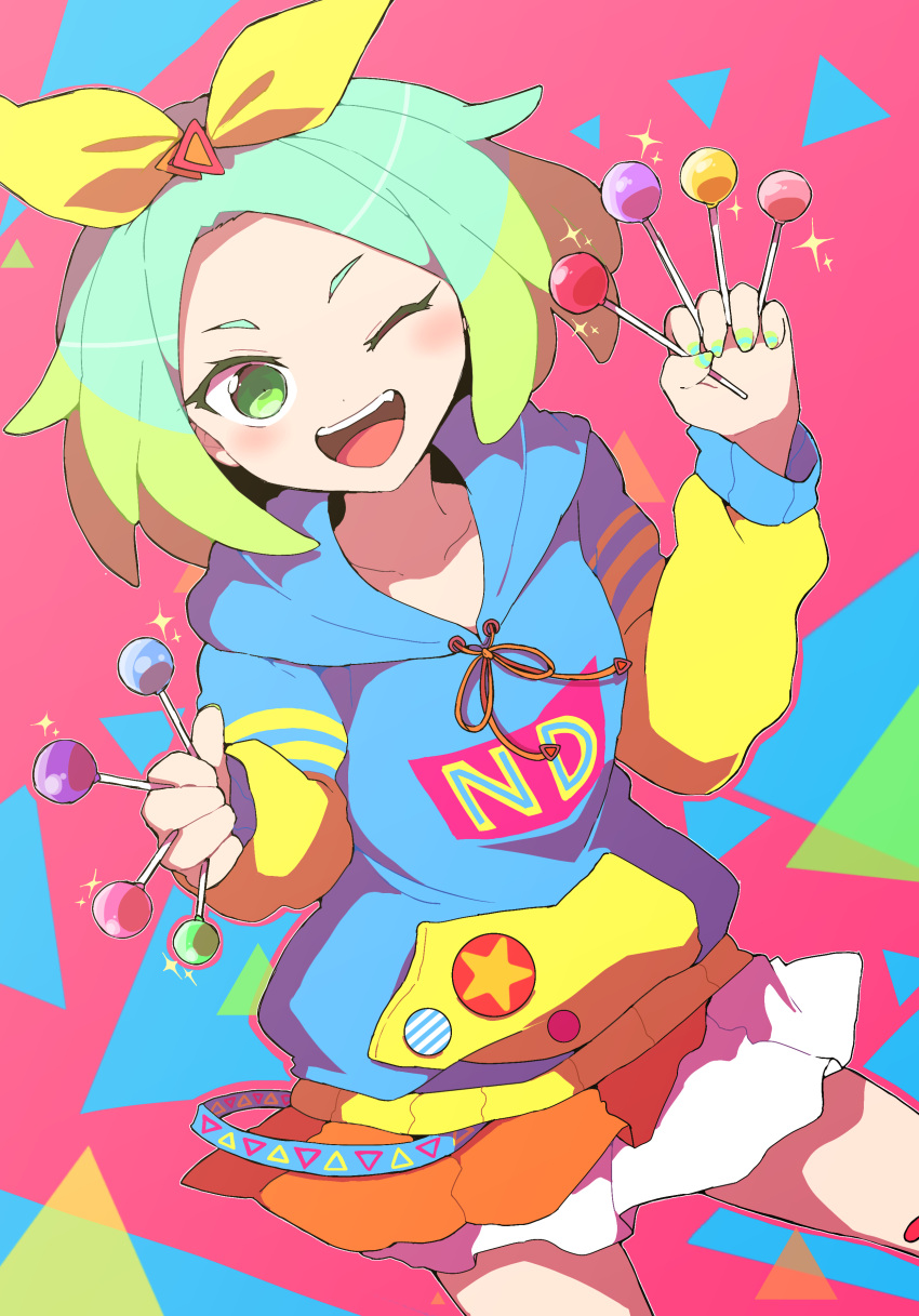 1girl ;d absurdres between_fingers blue_hoodie blush bow candy commentary_request cowboy_shot fang food green_eyes green_hair hair_bow hands_up highres holding holding_candy holding_food holding_lollipop hood hood_down hoodie idol_time_pripara lollipop long_sleeves looking_at_viewer multicolored_hair nijiiro_nino nojima_minami one_eye_closed open_mouth pretty_(series) pripara short_hair skirt smile solo sparkle teeth two-tone_hair upper_teeth_only yellow_bow