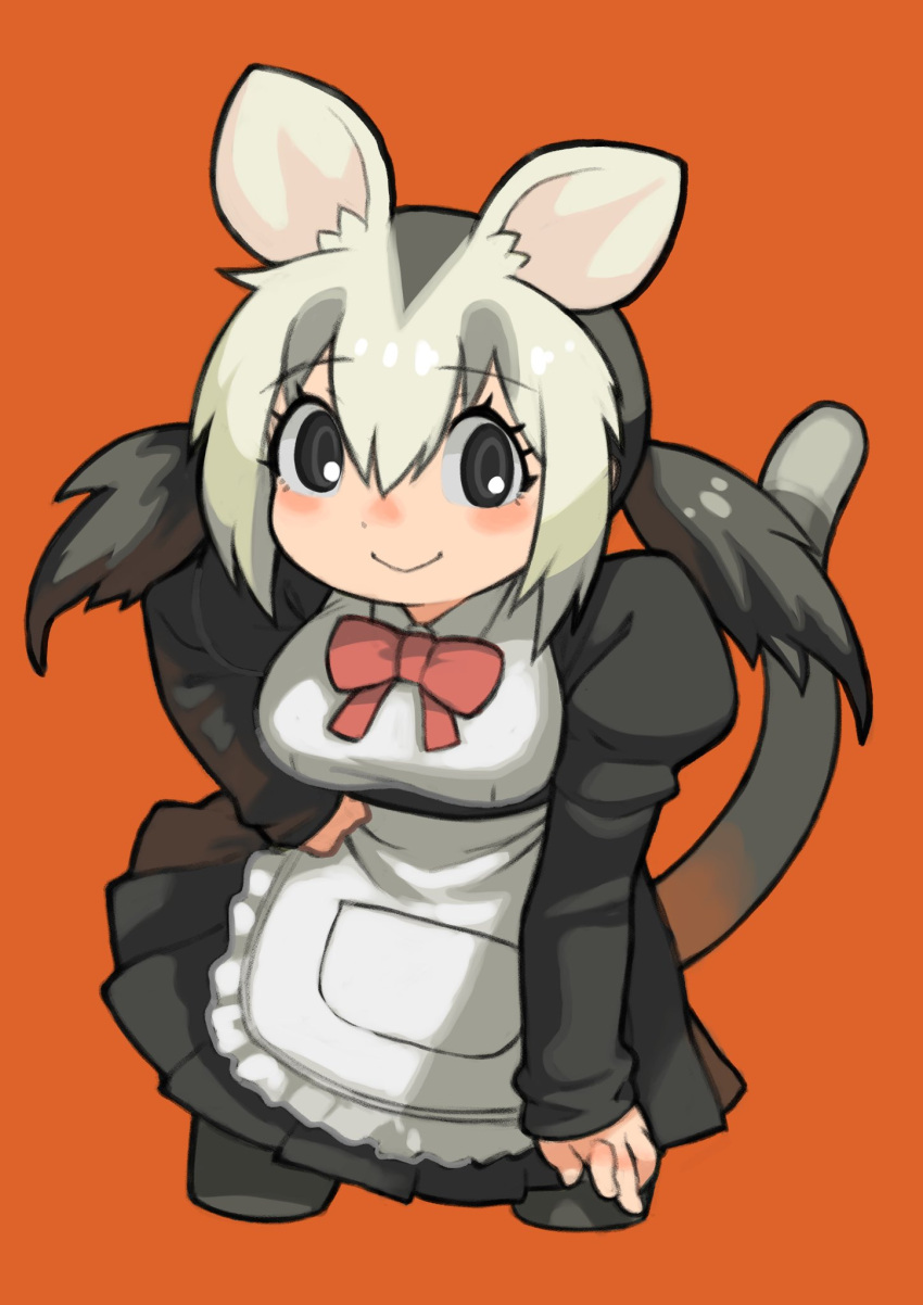1girl animal_ears apron black_eyes black_hair bow bowtie extra_ears grey_hair highres kemono_friends long_hair looking_at_viewer maid maid_apron multicolored_hair orange_background pantyhose possum_ears possum_girl possum_tail rinx shirt simple_background skirt solo tail twintails two-tone_hair white-eared_opossum_(kemono_friends)