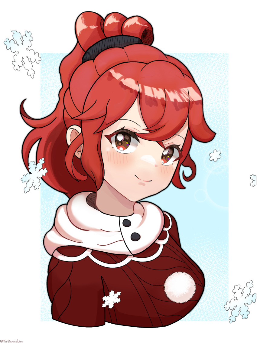 1girl alternate_costume anna_(fire_emblem) closed_mouth crossed_bangs fire_emblem fire_emblem_engage highres long_hair looking_at_viewer ponytail red_eyes red_sweater redhead scarf smile snowflakes solo sweater thedarkestuno upper_body white_scarf