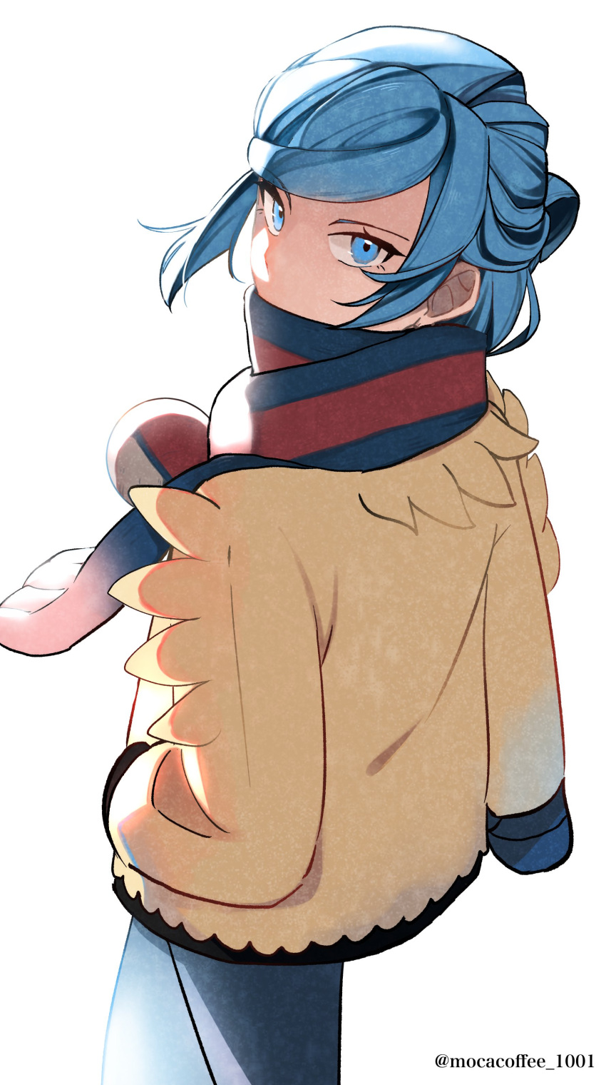1boy absurdres blue_eyes blue_hair collaboration commentary_request cowboy_shot eyelashes grusha_(pokemon) highres jacket kurota_(hmdstk0801) long_sleeves looking_at_viewer male_focus mittens mocacoffee_1001 pants pokemon pokemon_(game) pokemon_sv scarf scarf_over_mouth simple_background solo striped striped_scarf twitter_username white_background yellow_jacket