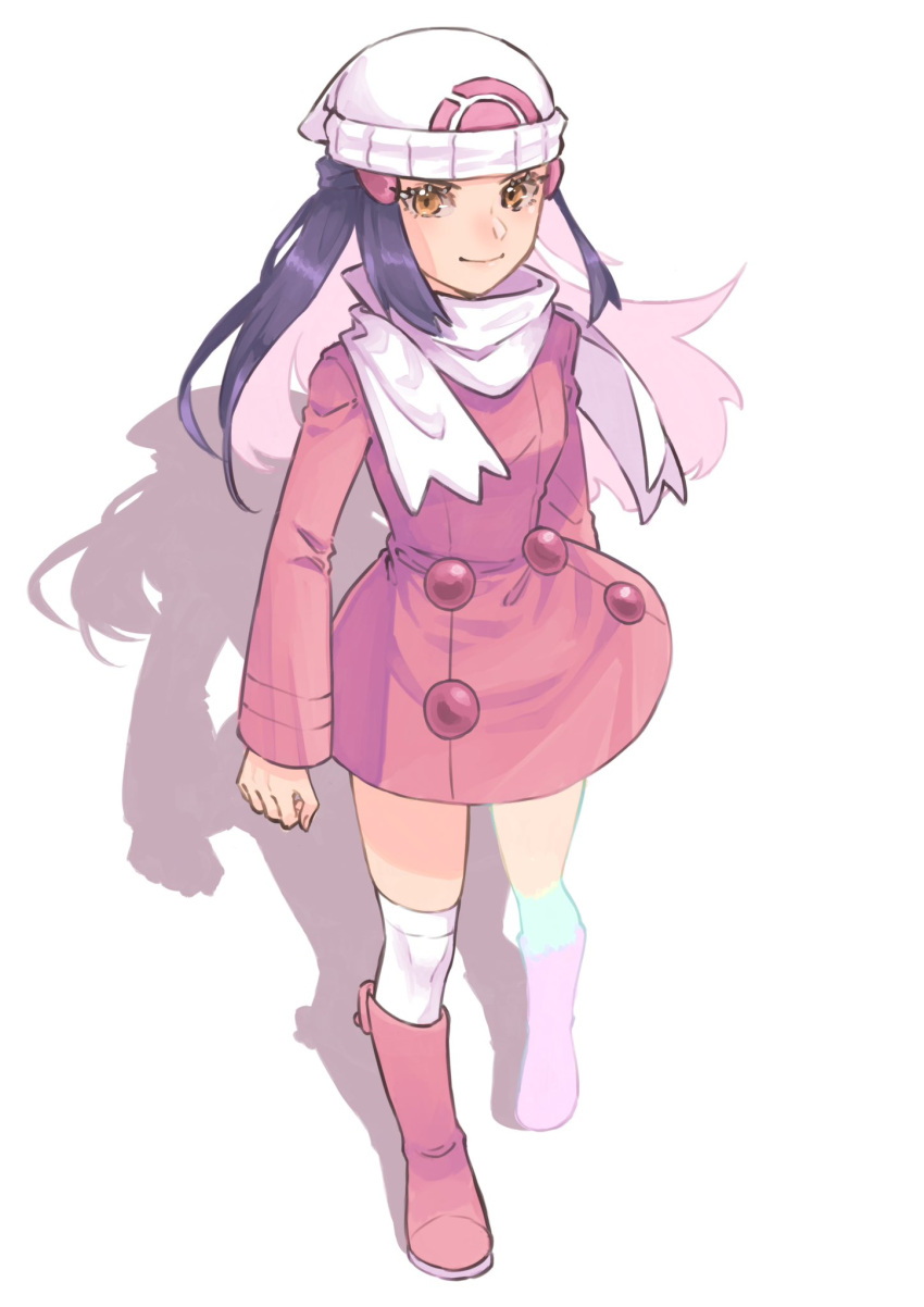 1girl ayan_ip beanie black_hair boots buttons closed_mouth coat commentary eyelashes full_body hair_ornament hairclip hat highres hikari_(pokemon) long_hair long_sleeves looking_at_viewer over-kneehighs pink_coat pink_footwear pokemon pokemon_adventures scarf sidelocks smile solo standing thigh-highs white_background white_headwear white_scarf yellow_eyes
