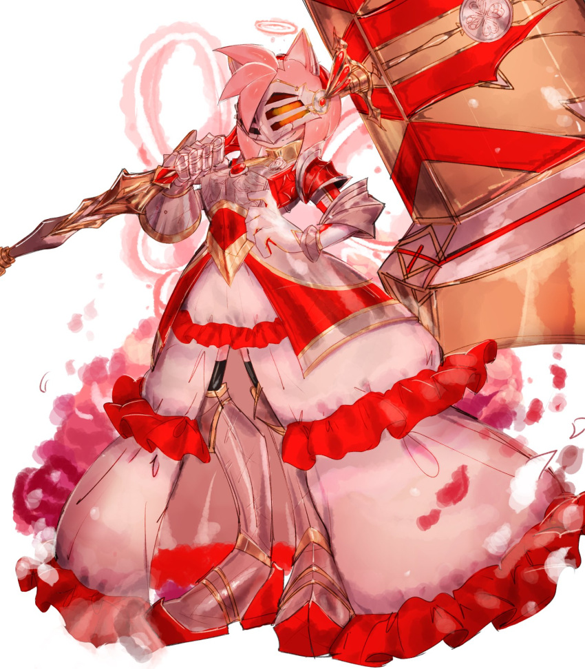 1girl amy_rose animal_ears arm_behind_back armor cape covered_eyes dress gauntlets hand_on_own_hip high_heels highres holding holding_weapon jewelry mallet necklace pants shoulder_armor skirt smile sonic_(series) sonic_and_the_black_knight usa37107692 weapon