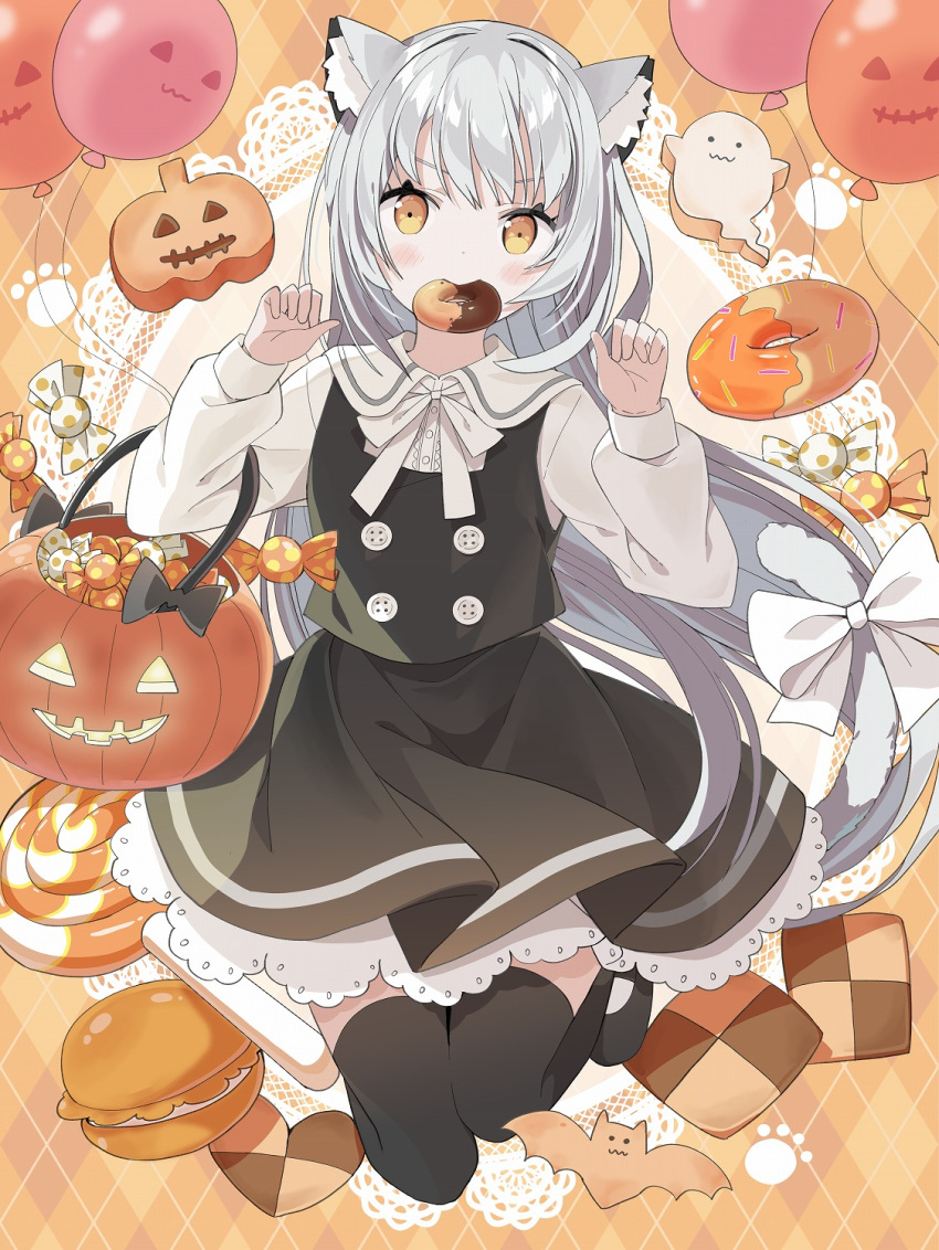 1girl animal_ears argyle argyle_background balloon black_footwear black_skirt black_thighhighs black_vest bow brown_background brown_eyes candy_wrapper cat_ears cat_girl cat_tail collared_shirt commentary_request doily doughnut dress_shirt food food_in_mouth full_body ghost grey_hair halloween_bucket hands_up highres jack-o'-lantern long_hair long_sleeves looking_at_viewer mouth_hold original puffy_long_sleeves puffy_sleeves shirt shoes skirt skirt_set solo tail tail_bow tail_ornament tantan_men_(dragon) thigh-highs very_long_hair vest white_bow white_shirt