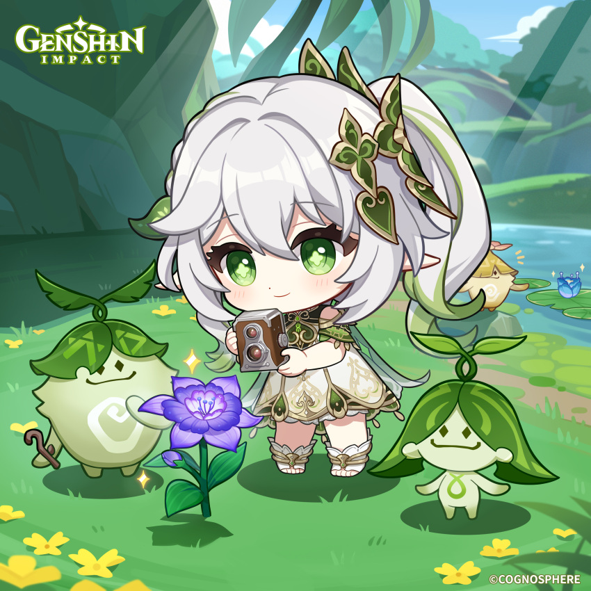 1girl absurdres aranara_(genshin_impact) camera chibi closed_mouth commentary copyright_name day dress english_commentary flower full_body genshin_impact green_eyes green_hair grey_hair hair_between_eyes hair_ornament highres holding holding_camera light_smile multicolored_hair nahida_(genshin_impact) official_art outdoors pointy_ears pond purple_flower side_ponytail standing streaked_hair symbol-shaped_pupils toeless_footwear two-tone_hair water white_footwear