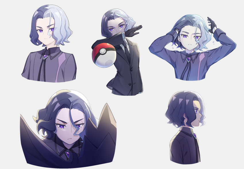 1boy amethio_(pokemon) awase_tsukasa black_gloves black_jacket black_necktie black_ribbon bright_pupils buttons collared_shirt commentary_request corviknight gloves hands_up highres jacket long_sleeves looking_at_viewer loose_hair_strand male_focus multicolored_hair multiple_views neck_ribbon necktie poke_ball poke_ball_(basic) pokemon pokemon_(anime) pokemon_(creature) pokemon_horizons ribbon shirt short_hair throwing violet_eyes white_pupils