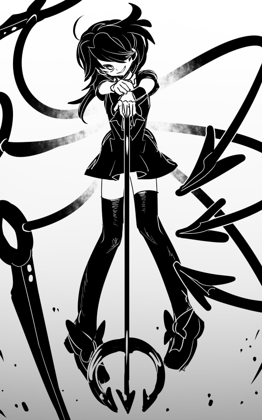 1girl ahoge asymmetrical_wings bow commentary dress floating footwear_bow full_body gradient_background greyscale grin hair_between_eyes hair_over_one_eye head_tilt highres holding holding_polearm holding_weapon houjuu_nue ichirugi long_bangs long_hair looking_at_viewer mary_janes monochrome polearm shoes short_dress short_sleeves smile solo thigh-highs touhou trident weapon wings wristband zettai_ryouiki
