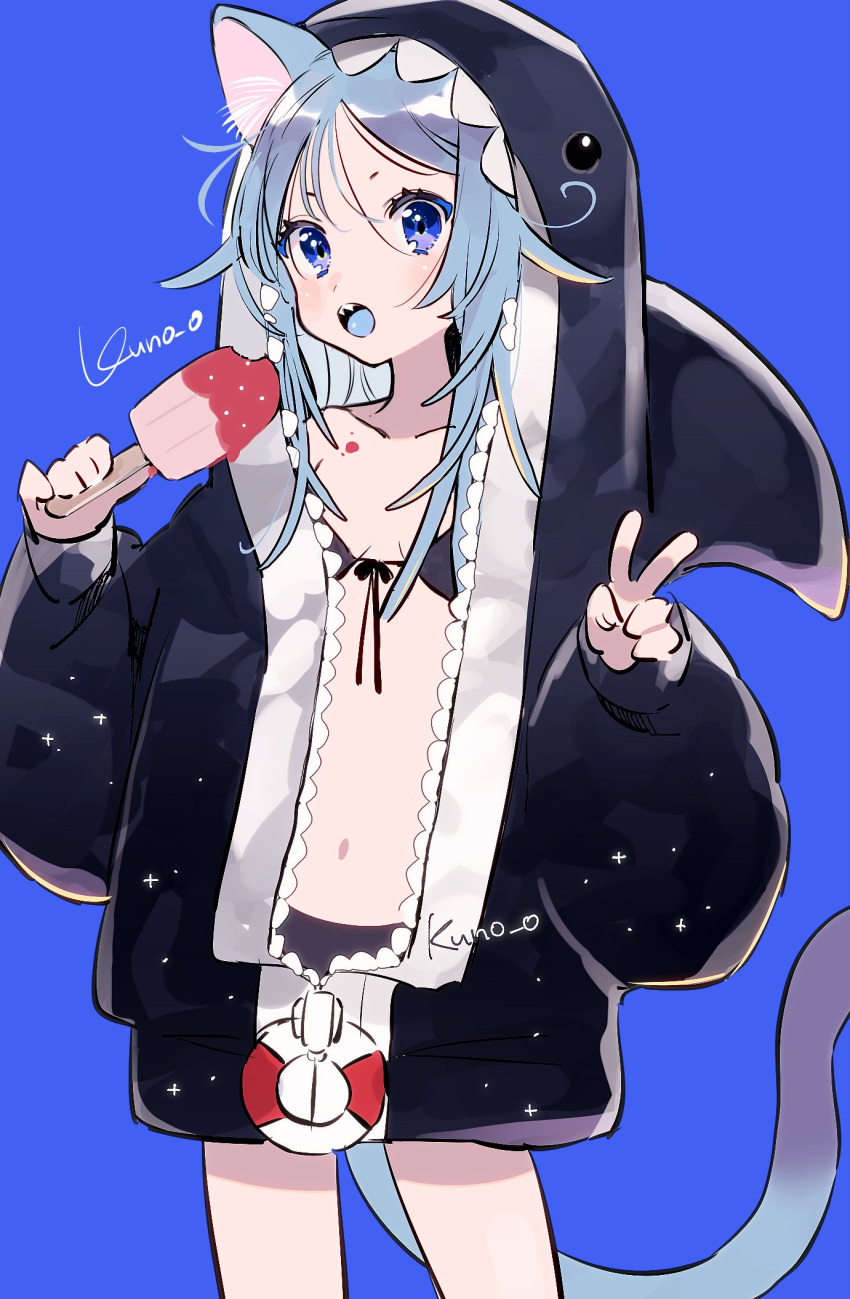 1girl animal_ears bikini blue_background blue_eyes blue_hair breasts cat_ears cat_tail food highres holding holding_food hood hooded_jacket jacket jikuno long_hair navel open_clothes open_jacket open_mouth original petite simple_background small_breasts solo swimsuit tail v