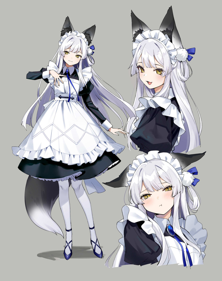 1girl :t animal_ears apron black_dress blush dress ears_down fang fox_ears fox_girl fox_tail grey_background grey_hair hair_rings highres long_sleeves looking_at_viewer maid maid_headdress multiple_views open_mouth original pantyhose pout simple_background smile tail urata_asao white_apron white_pantyhose yellow_eyes