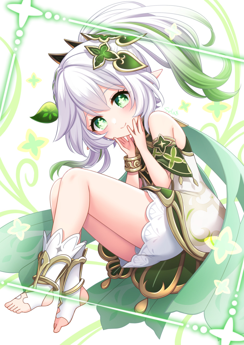 1girl artist_name bloomers bracelet cape dress flower-shaped_pupils genshin_impact gradient_hair green_cape green_eyes green_hair hair_ornament hands_on_own_face highres jewelry knees_up leaf_hair_ornament multicolored_hair nahida_(genshin_impact) pointy_ears side_ponytail sleeveless sleeveless_dress socks solo stardrop stirrup_legwear symbol-shaped_pupils toeless_legwear white_bloomers white_dress white_hair white_socks