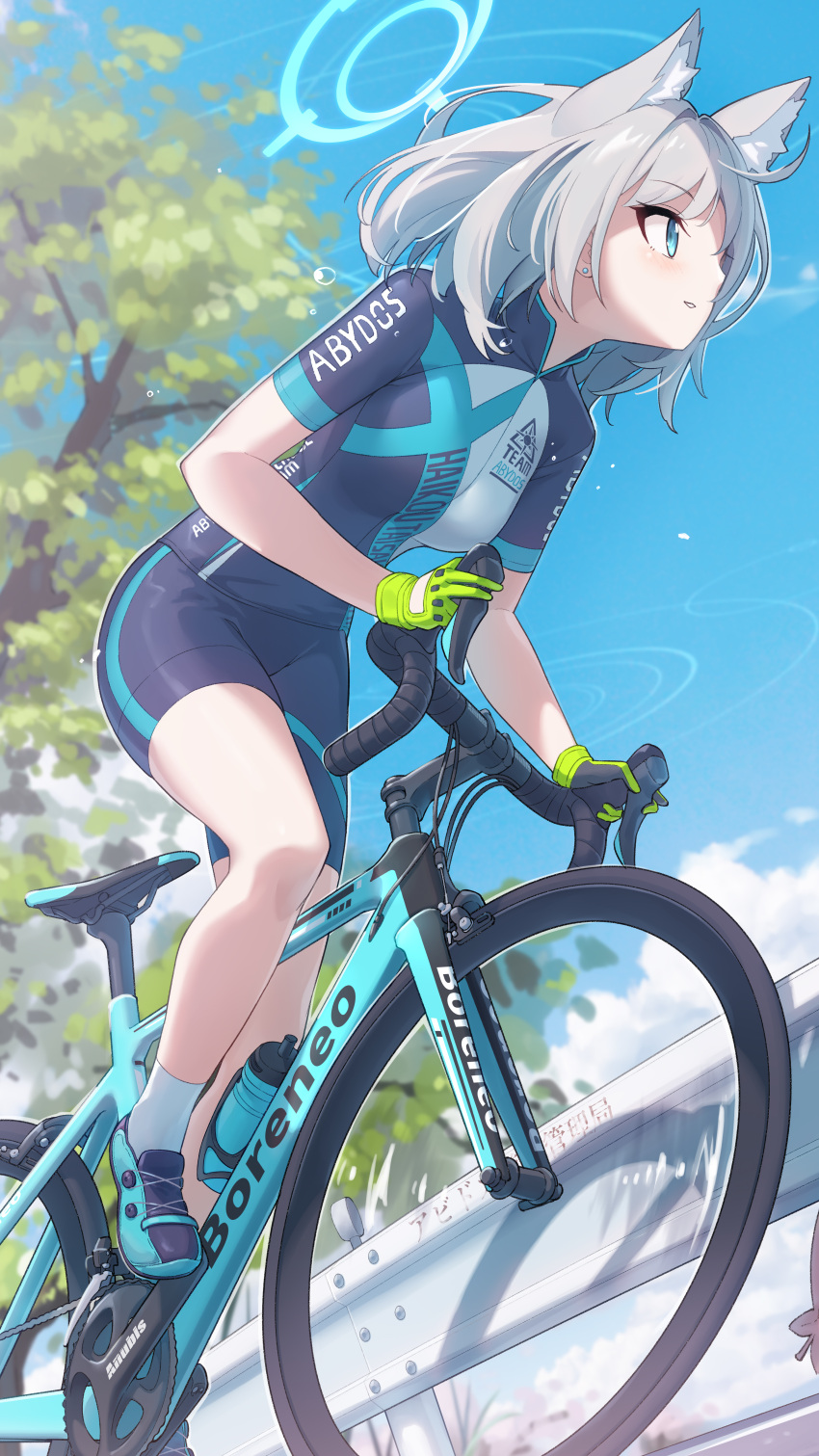 1girl absurdres animal_ear_fluff animal_ears arukiru bicycle bike_jersey bike_shorts black_gloves black_shorts blue_archive blue_eyes blue_sky cat_ears day floating_hair from_below full_body gloves green_gloves grey_hair highres long_hair outdoors parted_lips riding riding_bicycle shiroko_(blue_archive) shiroko_(cycling)_(blue_archive) short_shorts short_sleeves shorts sky socks solo two-tone_gloves white_socks