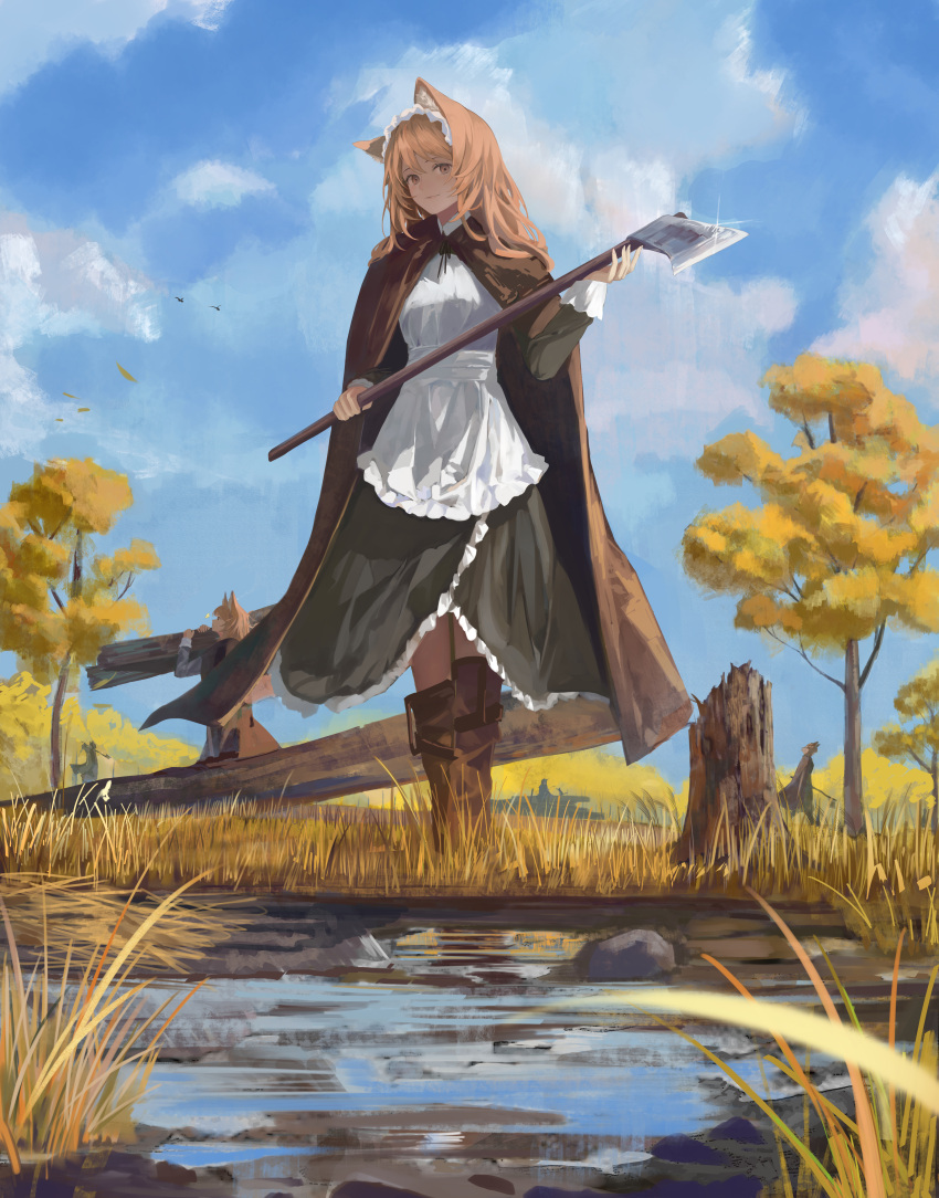 1girl absurdres animal_ear_fluff animal_ears apron axe bird blue_sky brown_cape brown_eyes brown_hair cape carrying closed_mouth clouds commentary_request copyright_request day dress full_body glint green_dress hand_up highres holding holding_axe jenmin12 long_hair long_sleeves looking_at_viewer maid_headdress outdoors sky solo_focus standing tree white_apron