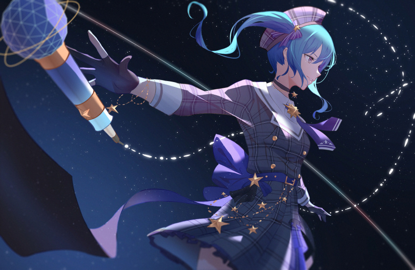 1girl absurdres ascot belt beret black_choker black_gloves blue_ascot blue_belt blue_hair bow breasts buttons choker commentary cowboy_shot dress frilled_dress frills gloves gold_bracelet grey_dress grin hair_bow hat highres hololive hoshimachi_suisei hoshimachi_suisei_(1st_costume) jacket long_sleeves looking_afar looking_ahead medium_hair microphone partially_fingerless_gloves plaid plaid_dress plaid_headwear plaid_jacket purple_bow purple_headwear side_ponytail sidelocks sleeve_cuffs small_breasts smile solo space star_(sky) star_(symbol) star_bracelet star_choker symbol-only_commentary violet_eyes virtual_youtuber wesly2300