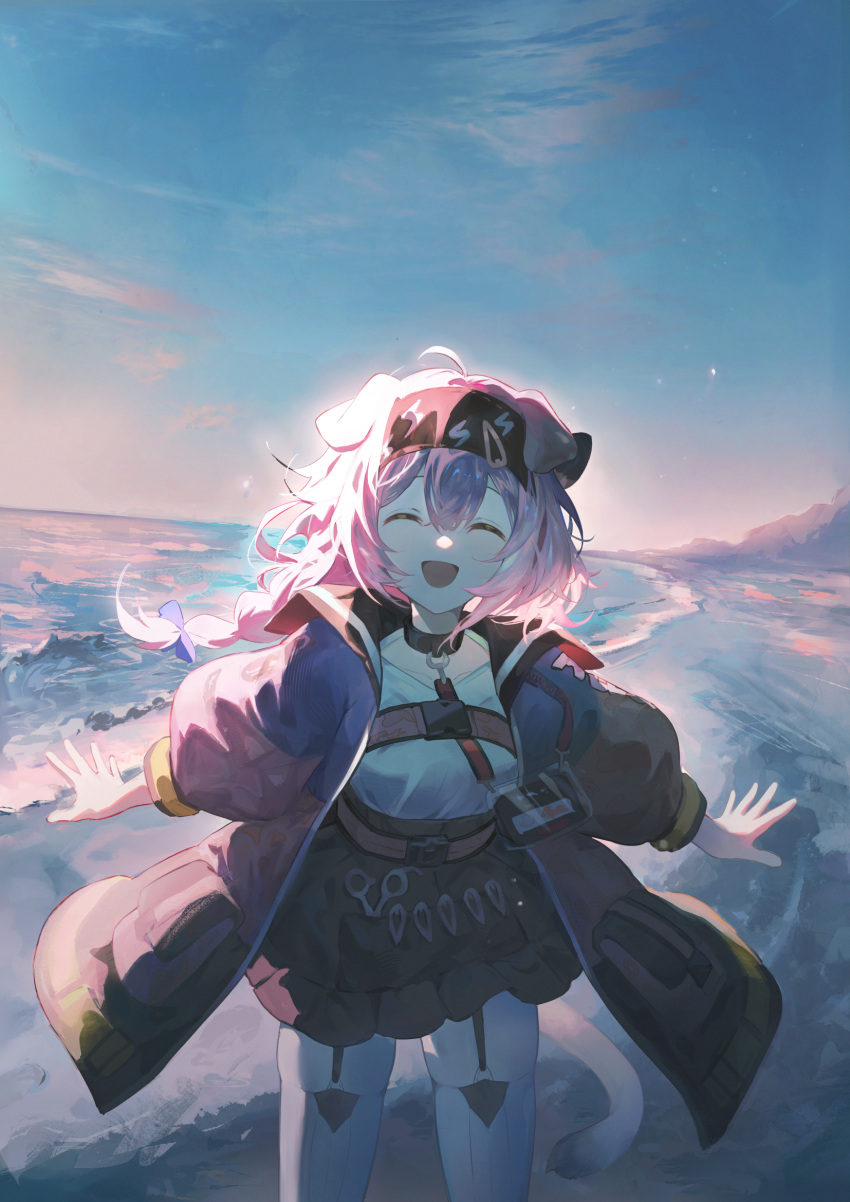 1girl :d ^_^ ahoge arknights beach black_bow black_collar black_hairband black_skirt blue_bow blue_jacket blue_sky bow braid buckle closed_eyes collar evening facing_viewer garter_straps goldenglow_(arknights) greypidjun hair_between_eyes hair_bow hair_ornament hairband hairclip happy high-waist_skirt highres id_card jacket lanyard long_hair long_sleeves multicolored_clothes multicolored_jacket open_clothes open_jacket open_mouth outdoors pink_hair pink_jacket print_hairband sand scissors shirt shirt_tucked_in skirt sky smile solo star_(sky) starry_sky thigh-highs two-tone_jacket water waves white_shirt white_thighhighs