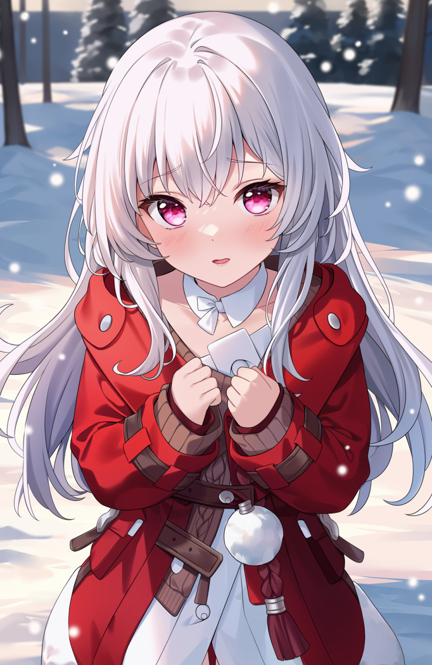 1girl blush brown_sweater clara_(honkai:_star_rail) coat collarbone commentary_request day detached_collar english_commentary frown fur-trimmed_coat fur-trimmed_jacket fur_trim grey_hair hands_up highres hitsukuya honkai:_star_rail honkai_(series) jacket long_hair long_sleeves looking_at_viewer open_clothes open_jacket outdoors parted_lips pine_tree pink_eyes pom_pom_(clothes) puffy_long_sleeves puffy_sleeves red_coat red_jacket shirt snow snowing solo sweater tree very_long_hair violet_eyes white_coat white_hair white_shirt wing_collar