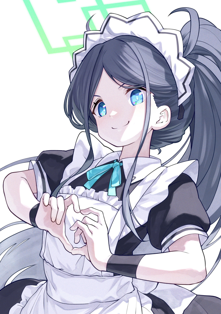 1girl absurdres apron aris_(blue_archive) aris_(maid)_(blue_archive) black_dress black_hair blue_archive blue_eyes closed_mouth collared_dress dress flat_chest gashitani halo heart heart_hands highres long_hair maid_apron maid_headdress neck_ribbon ponytail ribbon short_sleeves simple_background smile solo split_mouth upper_body very_long_hair white_background wristband