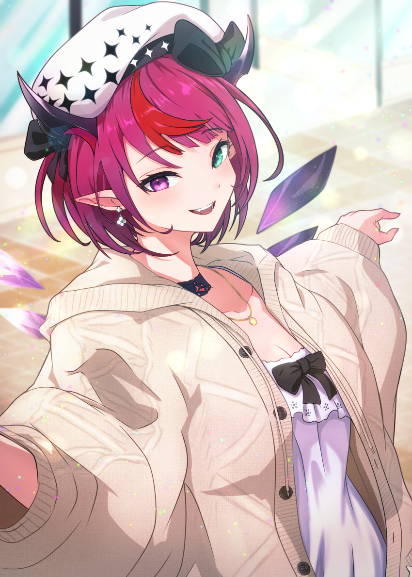 1girl absurdres beret black_choker blue_eyes bob_cut brown_cardigan cable_knit cardigan choker crystal_wings dress earrings flower_earrings gold_necklace hat highres hololive hololive_english irys_(3rd_costume)_(hololive) irys_(hololive) jewelry kaiju_ryoku lace-trimmed_choker lace_trim looking_at_viewer multicolored_hair necklace official_alternate_costume open_cardigan open_clothes pointy_ears purple_hair redhead short_hair smile solo two-tone_hair violet_eyes virtual_youtuber white_dress white_headwear