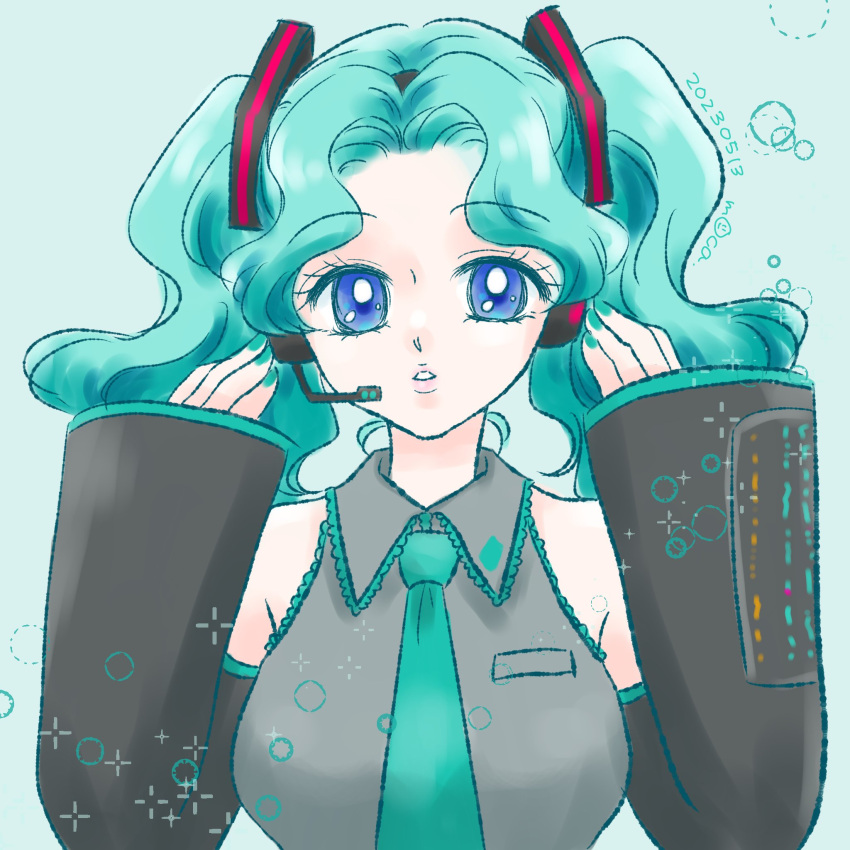 1girl alternate_breast_size alternate_hairstyle aqua_hair aqua_nails aqua_necktie bishoujo_senshi_sailor_moon blue_eyes breasts color_connection commentary_request cosplay dated detached_sleeves hair_color_connection hatsune_miku hatsune_miku_(cosplay) headset hemuhemu_moca highres kaiou_michiru large_breasts necktie signature sleeves_past_wrists solo sparkle twintails upper_body vocaloid wavy_hair wide_sleeves