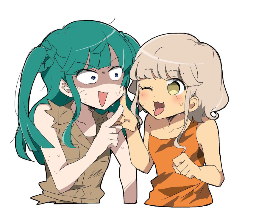 2girls :d bare_shoulders blue_eyes blunt_bangs blush brown_hair brown_vest bruise bruise_on_face caveman commentary_request constricted_pupils cropped_torso green_hair hand_on_another's_cheek hand_on_another's_face hand_up injury jaggy_lines long_hair looking_at_another messy_hair multiple_girls nojima_minami one_eye_closed open_mouth pretty_(series) pripara shaded_face short_hair sleeveless smile sweatdrop taiyou_pepper tongue tongue_out tsukikawa_chiri two_side_up upper_body vest white_background wide-eyed yellow_eyes