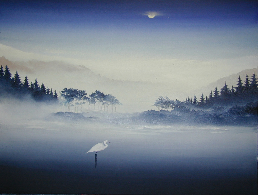 animal bird crane_(animal) fog forest lake mitzoka2001 moon nature night night_sky no_humans original outdoors painting_(medium) sky traditional_media water