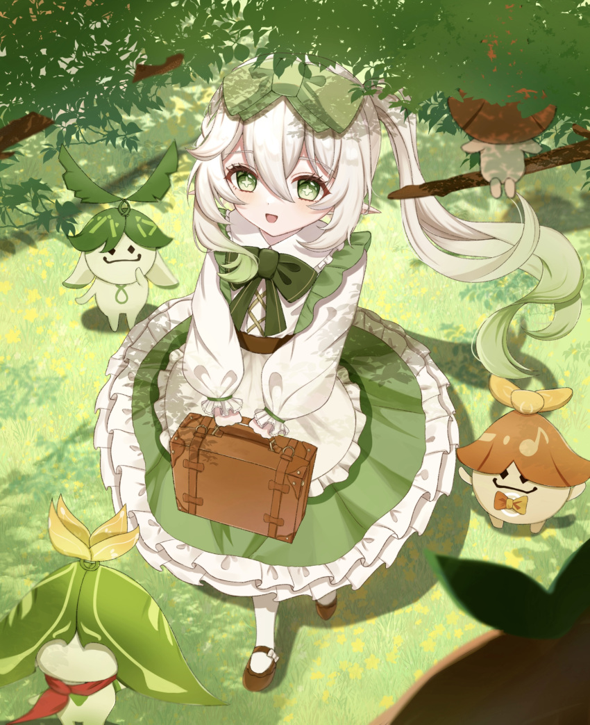 1girl 5others absurdres alternate_costume apron aranara_(genshin_impact) bad_hands blush bow bowtie branch brown_footwear commentary dappled_sunlight dress flower-shaped_pupils frilled_dress frills full_body genshin_impact gradient_hair grass green_bow green_bowtie green_dress green_eyes green_hair hair_bow highres holding holding_suitcase long_hair long_sleeves looking_at_viewer looking_up mary_janes multicolored_hair multiple_others nahida_(genshin_impact) open_mouth outdoors pantyhose pointy_ears pomufuwari shoes side_ponytail smile suitcase sunlight symbol-shaped_pupils tree waist_apron walking white_hair white_pantyhose