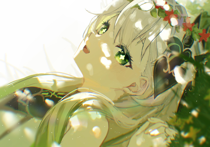 1girl blush commentary_request flower-shaped_pupils genshin_impact green_eyes hair_ornament hand_up head_wreath highres lying nagikiho nahida_(genshin_impact) on_grass solo symbol-shaped_pupils teeth upper_body upper_teeth_only white_hair