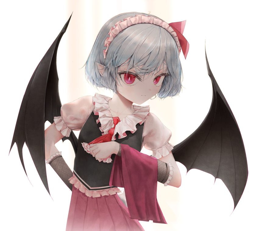 1girl alternate_costume ascot bat_wings black_vest blue_hair butler clip_studio_paint_(medium) collar cowboy_shot female_butler frilled_collar frilled_sleeves frills hair_ribbon highres holding holding_towel light_blue_hair looking_at_viewer maid_headdress pointy_ears puffy_short_sleeves puffy_sleeves red_ascot red_eyes red_ribbon red_skirt remilia_scarlet ribbon short_hair short_sleeves simple_background skirt slit_pupils solo touhou towel vest vrabius white_background wings wristband