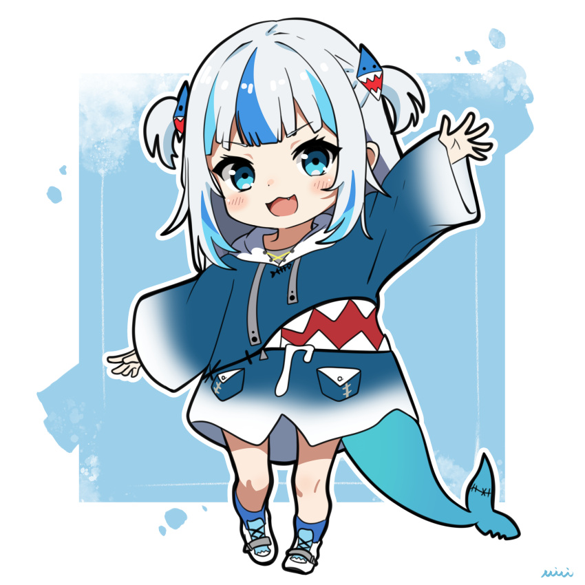 1girl :3 :d absurdres animal_costume blue_hair blue_hoodie blue_socks blunt_bangs chibi fins fish_tail gawr_gura gawr_gura_(1st_costume) grey_hair hair_ornament highres hololive hololive_english hood hoodie looking_at_viewer medium_hair minijaham multicolored_hair open_mouth shark_costume shark_girl shark_hair_ornament shark_tail shoes sidelocks smile sneakers socks streaked_hair tail two_side_up virtual_youtuber white_footwear white_hair