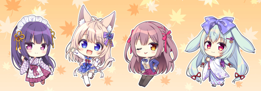 4girls :d ;p animal_ear_fluff animal_ears apron autumn_leaves black_footwear black_pantyhose blazer blue_eyes blue_jacket blue_sailor_collar blue_skirt blush boots brown_background brown_eyes brown_footwear cat_ears cat_girl cat_tail chibi closed_mouth commentary_request cross-laced_footwear fang floral_print frilled_apron frills grey_hair hakama hakama_skirt highres ikaruga_kazuha jacket japanese_clothes kimono kinari_momiji lace-up_boots leaf light_brown_hair maid maid_headdress maple_leaf multiple_girls one_eye_closed open_clothes open_jacket pantyhose pleated_skirt print_kimono purple_hair purple_hakama purple_kimono purple_skirt rabbit_ears red_eyes ribbon-trimmed_legwear ribbon_trim ryuuka_sane sailor_collar sasaura_suzuna school_uniform shirt shoes simple_background skirt smile tail tarumi_konoha thigh-highs tongue tongue_out two_side_up violet_eyes wa_maid white_apron white_shirt white_thighhighs yagasuri yorite_konoha_wa_kurenai_ni