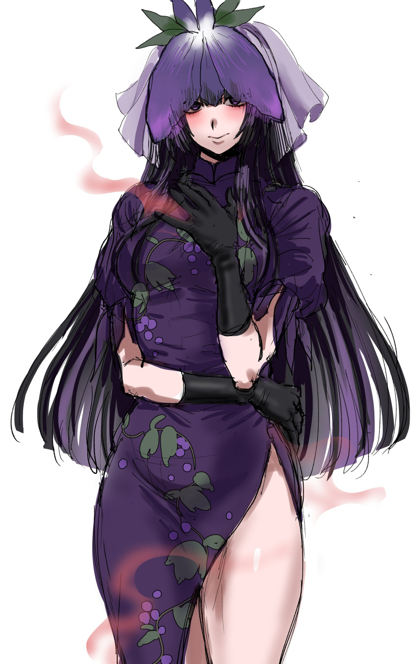 1girl absurdres black_gloves china_dress chinese_clothes cowboy_shot dress elbow_gloves flower flower_on_head gloves highres kuya_(hey36253625) looking_at_viewer orchid puffy_short_sleeves puffy_sleeves purple_dress short_sleeves simple_background solo thighs touhou violet_eyes yomotsu_hisami