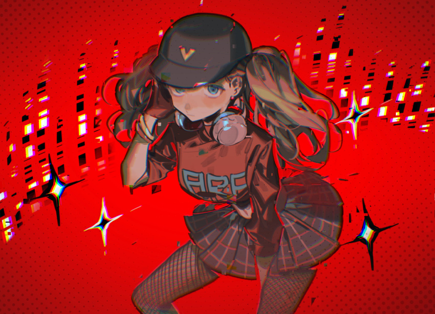 1girl baseball_cap blonde_hair blue_eyes blush bracelet checkered_clothes checkered_skirt closed_mouth crop_top digital_dissolve earrings expressionless fingerless_gloves fishnet_pantyhose fishnets gloves hand_on_own_ear hat headphones headphones_around_neck highres jewelry long_hair looking_at_viewer pantyhose persona persona_5 persona_5:_dancing_star_night pkunooo pleated_skirt red_gloves red_shirt shirt simple_background skirt solo sparkle stud_earrings takamaki_anne twintails