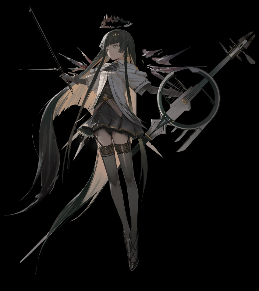 1girl absurdly_long_hair absurdres arknights ascot belt belt_buckle black_ascot black_background black_belt black_bustier black_footwear black_garter_straps black_gloves black_hair black_halo black_panties black_skirt black_thighhighs black_wings blunt_bangs boboyo boots bow_(music) breasts broken_halo buckle bustier buttons cello chinese_commentary closed_mouth collared_jacket commentary_request dark_halo detached_wings dress_shirt energy_wings expressionless full_body garter_straps gloves grey_shirt halo hands_up high_heel_boots high_heels highres hime_cut holding holding_bow_(music) holding_instrument holding_violin instrument jacket long_hair looking_to_the_side medium_breasts miniskirt mole mole_under_eye outstretched_arms panties pantyshot shirt sidelocks simple_background skirt solo standing thigh-highs tiptoes underwear upskirt very_long_hair violin virtuosa_(arknights) white_belt white_jacket wide_sleeves wings