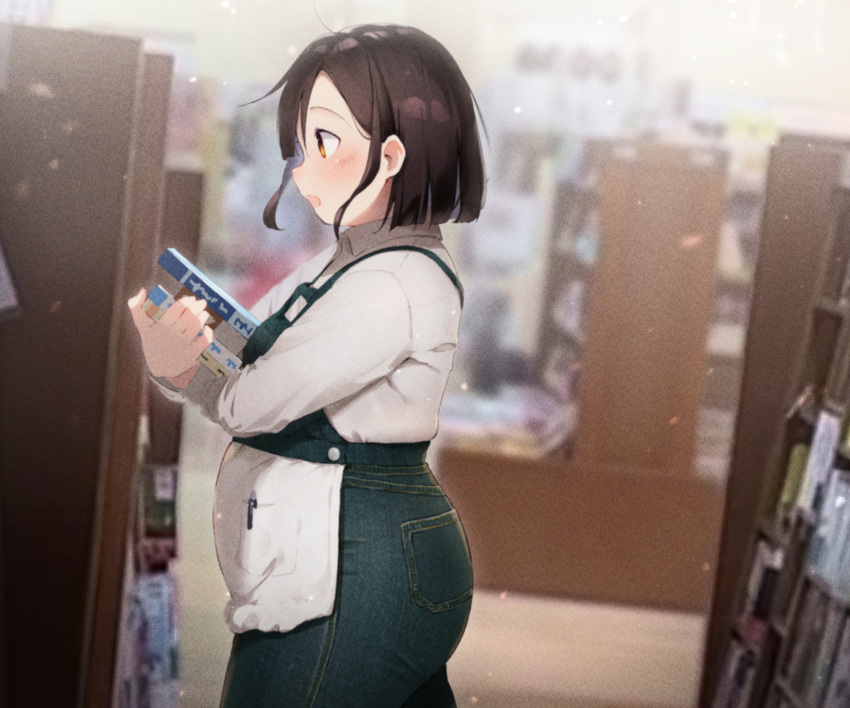 1girl apron ass blue_pants blush book book_stack bookstore brown_hair collared_shirt denim fat from_side highres holding holding_book indoors long_sleeves open_mouth original pants shiori_(plzcallmeshiori) shirt shop short_hair solo standing store_clerk white_apron white_shirt