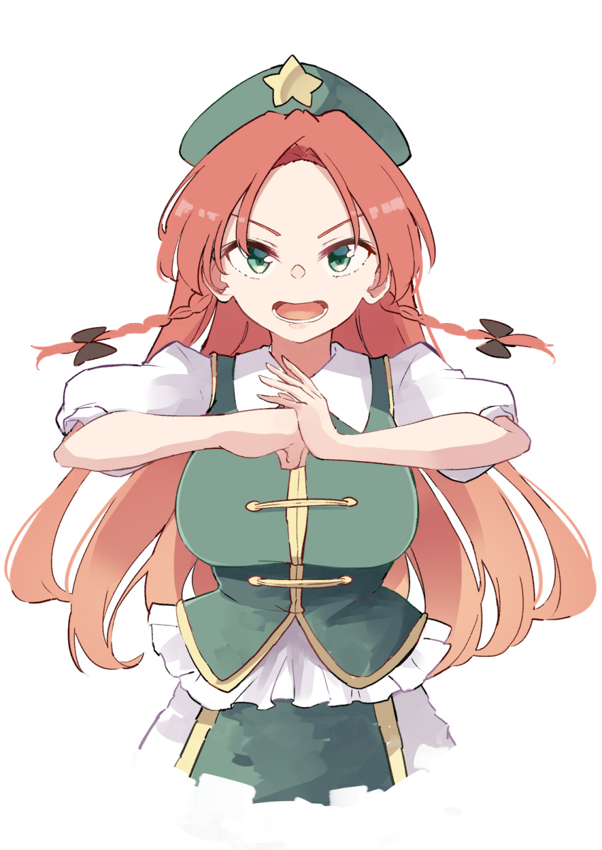 1girl braid breasts collared_shirt deetamu green_eyes green_headwear green_vest hat hat_ornament highres hong_meiling large_breasts long_hair looking_at_viewer open_mouth puffy_short_sleeves puffy_sleeves redhead shirt short_sleeves simple_background solo star_(symbol) star_hat_ornament touhou twin_braids upper_body vest white_background white_shirt