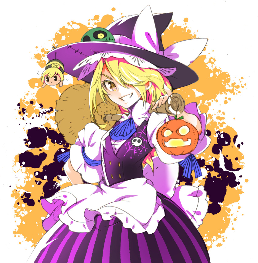 1girl absurdres apron ascot black_headwear black_vest blonde_hair blue_ascot broom frilled_apron frills grin hair_over_one_eye halloween halloween_costume hat highres holding holding_broom ichizen_(o_tori) jack-o'-lantern kirisame_marisa long_hair looking_at_viewer one-hour_drawing_challenge shirt short_sleeves skirt smile solo striped striped_skirt touhou vertical-striped_skirt vertical_stripes vest waist_apron white_apron white_shirt witch_hat yellow_eyes