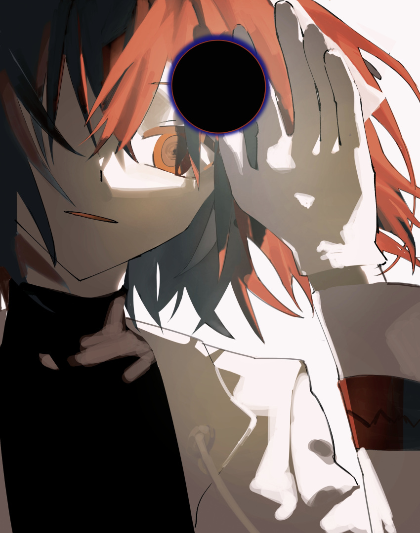 1girl a.i._voice absurdres adachi_rei android artificial_eye black_circle black_shirt chinese_commentary commentary_request gloves hand_up head_tilt highres huisheng_die jacket lens_eye long_sleeves looking_at_viewer mechanical_eye netsu_ijou_(utau) open_clothes open_jacket orange_eyes orange_hair pale_skin parted_lips shirt sidelighting simple_background solo turtleneck upper_body utau white_background white_gloves white_jacket