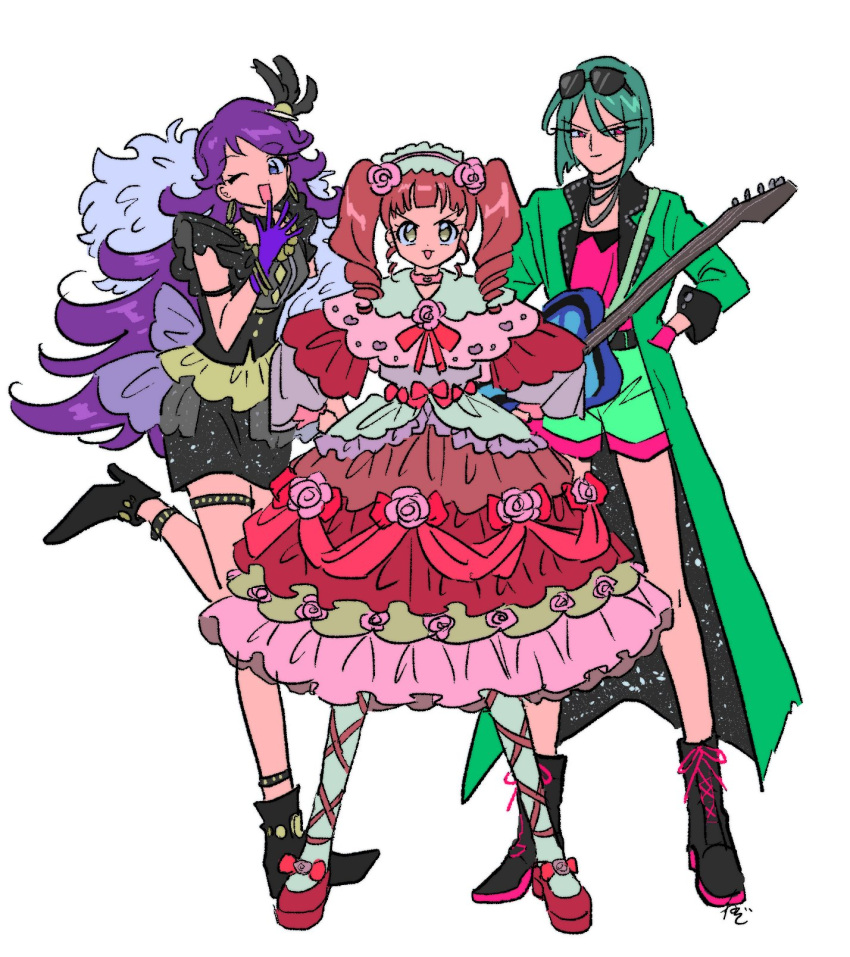 3girls akagi_anna black_dress black_footwear blunt_bangs boots coat dress eyewear_on_head feather_hair_ornament feathers flipped_hair flower frilled_dress frills full_body gloves green_coat green_hair green_shorts guitar hair_flower hair_ornament hairband hand_up hands_on_own_hips high_heels highres instrument jewelry kiratto_pri_chan lolita_fashion lolita_hairband long_hair long_sleeves looking_at_viewer midorikawa_sara multiple_girls necklace open_clothes open_coat open_mouth pink_flower pink_rose pink_shirt pretty_(series) purple_gloves purple_hair red_dress red_footwear red_ribbon redhead ribbon rituyama1 rose shido_mel shirt shoes short_hair shorts simple_background smile standing standing_on_one_leg sunglasses thigh_strap twintails violet_eyes white_background yellow_eyes